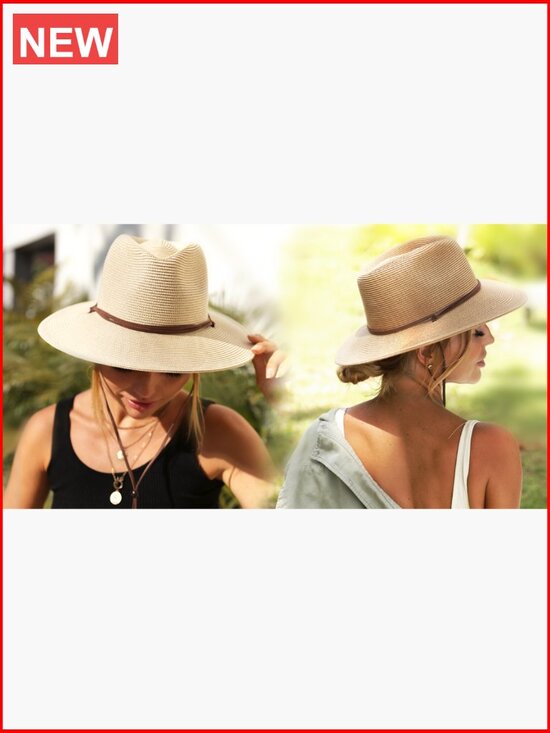 Straw Wide Brim Panama Fedora Sun Hat with UPF 80+ and Wind Lanyard main image 4